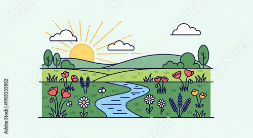 Serene landscape with a winding stream vibrant wildflowers and a sunny sky at sunrise or sunset evoking feelings of peace and tranquility in a natural setting