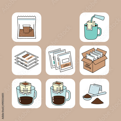 Drip coffee bags icons set with brewing process filter packets and coffee powder for instant specialty coffee branding caffeine beverage and cafe menu