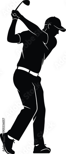 Silhouette of a male golfer finishing a powerful swing on a white background with a blue ball.