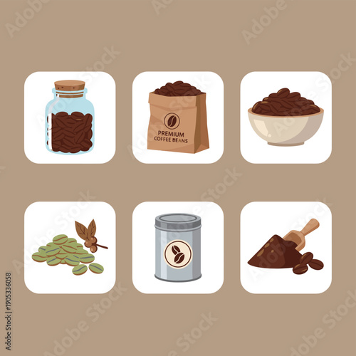Roasted coffee beans icons set with glass jar paper bag bowl metal tin and coffee powder for cafe branding energy drink and coffee shop supply
