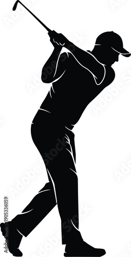 Silhouette of a professional male golfer swinging a club after hitting a blue ball on white background