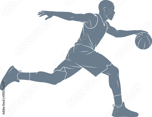 Silhouette of a male basketball player dribbling a ball while running forward in motion.