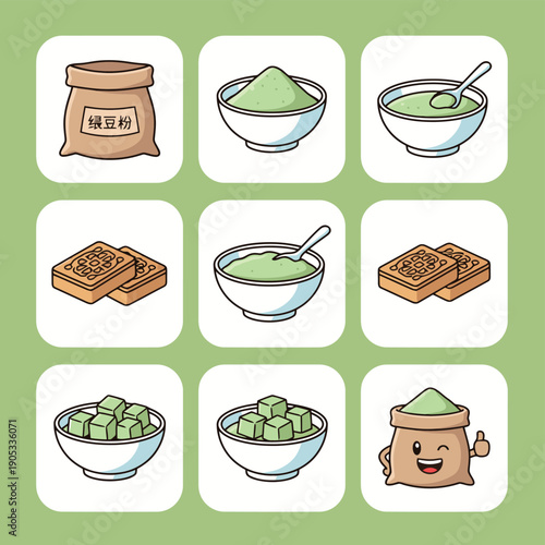 Matcha green tea powder icons set with traditional bowls desserts and cute mascot character for Japanese tea ceremony healthy lifestyle and organic nutrition