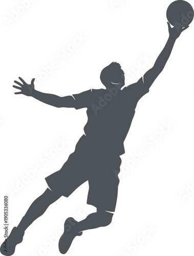 Silhouette of a basketball player jumping high to score a basket against a white background