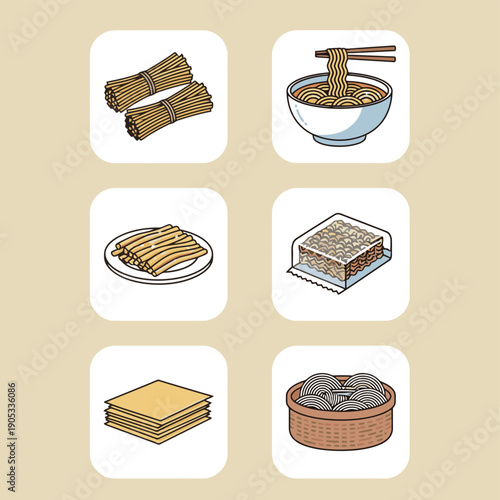 Noodle and pasta icons set with raw noodles bowl of ramen and packaging for grocery store Asian cuisine and instant food product design