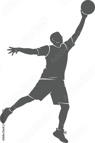 Silhouette of a basketball player jumping high to make a slam dunk against a white background.