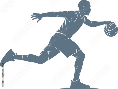 Silhouette of a professional basketball player dribbling the ball on a white background