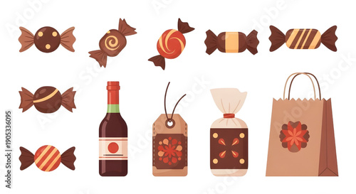 Delightful assortment of colorful cartoon chocolates, festive gift tags, and elegant packaging for sweet celebrations and special occasions