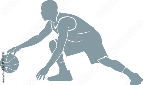 Silhouette of a basketball player dribbling a ball in a low athletic stance on a white background