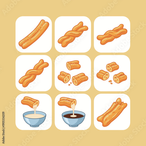 Youtiao or Chinese deep fried dough sticks set with dipping sauces and cross section slices for traditional breakfast flat vector icons