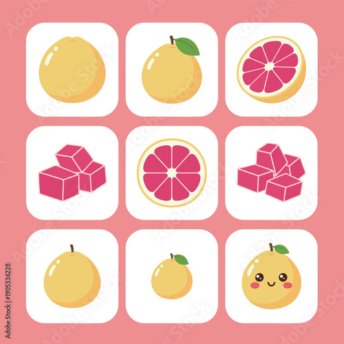 Pomelo fruit or grapefruit set including whole fruit sliced segments pink pulp cubes and cute fruit character in flat vector style