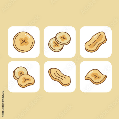 Dried banana slices and dehydrated fruit chips set for healthy snacking and organic food ingredients flat vector line art icons