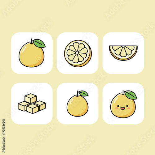 Fresh yellow pomelo or citrus fruit set featuring whole fruit cross section slices cubes and smiling mascot character flat vector icons