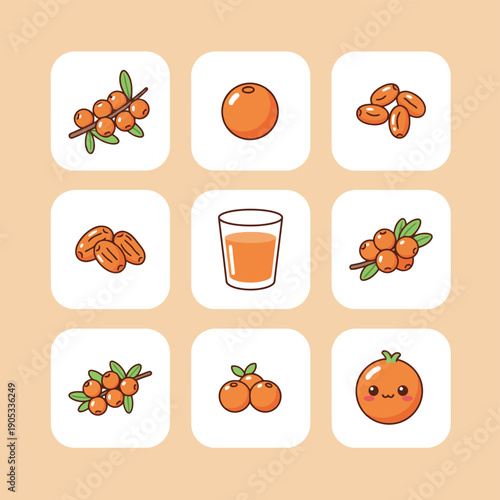 Sea buckthorn berries and juice collection including berry branches glass of juice oil and cute berry character flat vector icons
