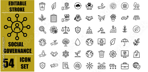 Social Governance Outline Icons Set for Policy and Public Administration – Policy, Regulation, Community, Leadership, Transparency, Public Welfare and Accountability Editable Stroke Vector Line Symbol