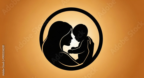 Mother and baby silhouette in a circle on warm orange background with love and care concept