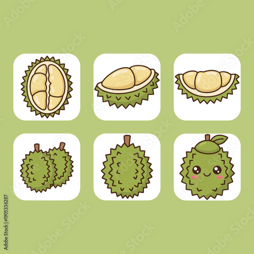Tropical durian fruit set including whole fruit with thorns opened shell showing pulp and cute durian mascot flat vector icons
