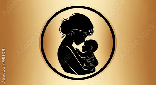 Mother holding baby in circle silhouette warm golden background symbol of love and care