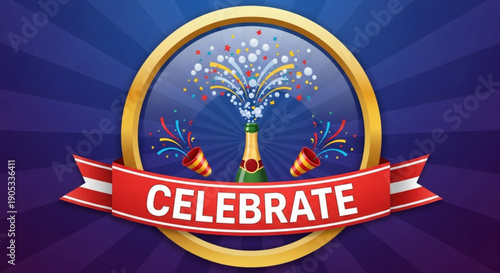 Vibrant celebration badge with champagne bottle and fireworks on purple background for party invitations and event promotions
