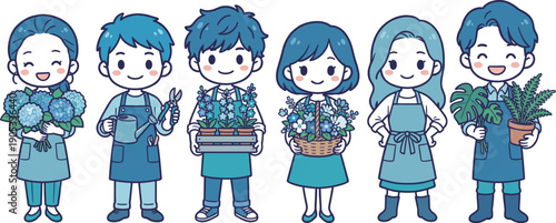 花屋スタッフのデフォルメキャラクターセット フラワーショップと園芸の職業イラスト