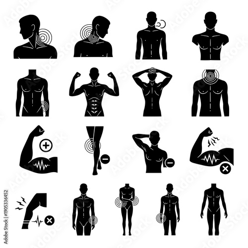 Myalgia icon silhouette black vector muscle pain set