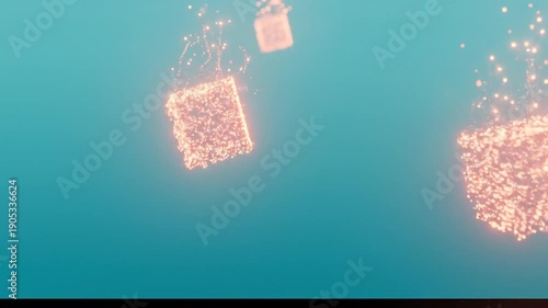 Abstract Glowing Cubes Floating in a Blue Liquid Background.