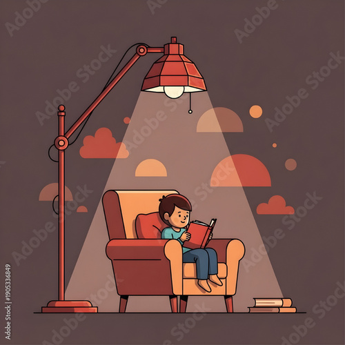 Cozy reading nook a child finds comfort and knowledge within the pages of an engaging story, illuminated by a warm lamp