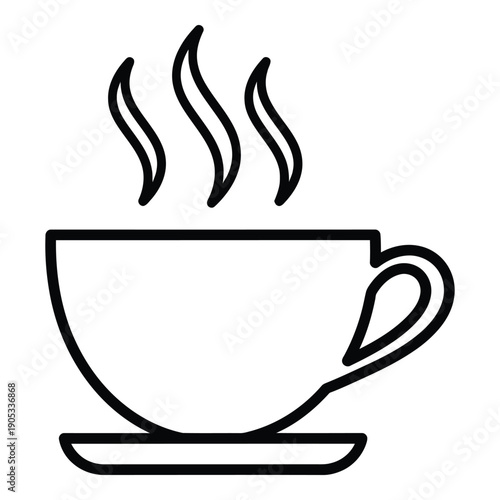 Line drawing of a steaming cup of coffee on a saucer, symbolizing warmth, comfort, and a morning beverage.
