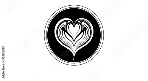 Elegant Heart Latte Art Design in Black Circle.