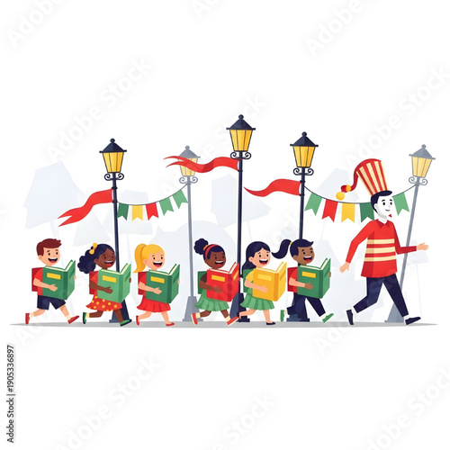 Diverse group of joyful children reading books while participating in a festive educational parade led by a storyteller