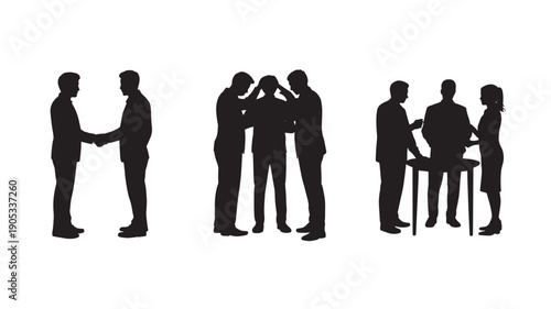 Vector Illustration Of Business People Silhouettes Shaking Hands, Discussing, And Interacting For Corporate And Teamwork Concepts