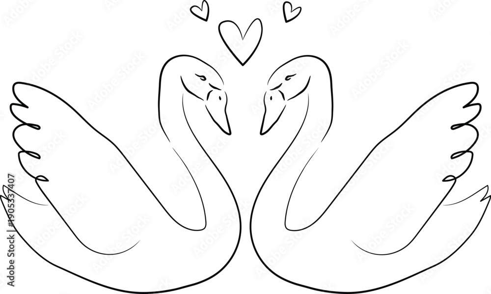 Obraz premium Minimalist Line Art Illustration of Two Swans with Floating Hearts