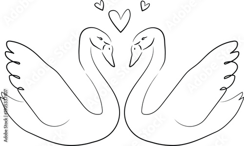 Minimalist Line Art Illustration of Two Swans with Floating Hearts