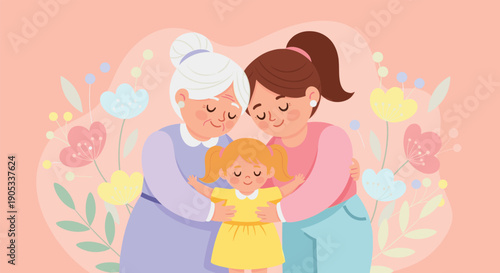 Loving mother's day vector illustration of three generations hugging amid soft pastel flowers.