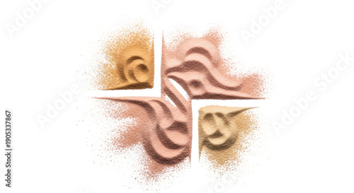 Four piles of colored powder arranged crosswise on transparent background transparent background