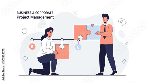 Business Project Management Concept: Teamwork Solving Puzzle