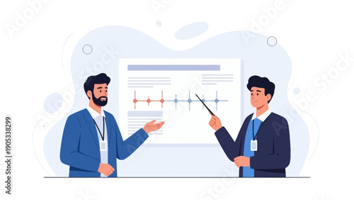 Business presentation with chart and two men discussing data