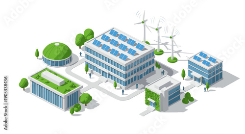 Sustainable city with green buildings and renewable energy sources.