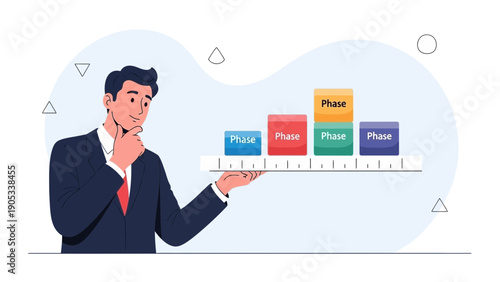 Businessman analyzes project phases on a bar chart, strategy and planning concept