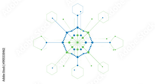 Abstract geometric network with interconnected nodes and lines forming a central hub.