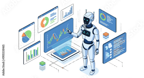 AI Robot Analyzing Data and Financial Charts on Multiple Screens.