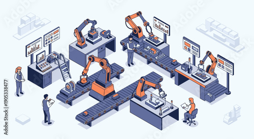 Automated factory production line with robotic arms and human workers.