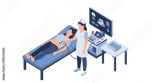 Isometric illustration of a woman undergoing an ultrasound examination.