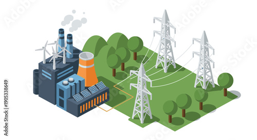 Isometric Power Plant and Electricity Transmission Network.