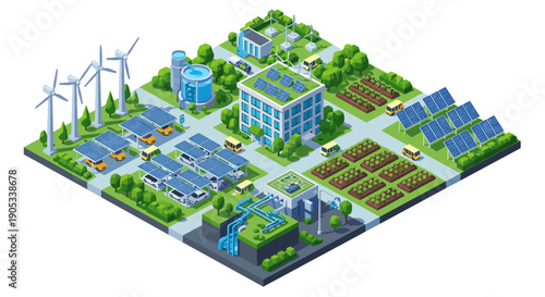 Isometric Smart City with Renewable Energy Sources and Sustainable Infrastructure.