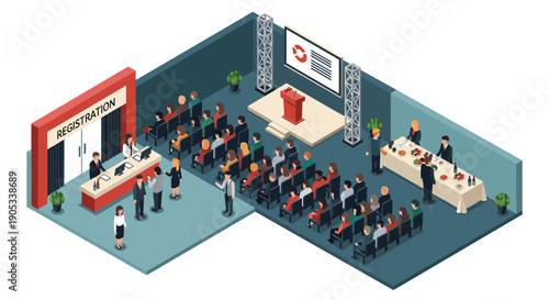 Isometric view of a business conference or seminar event.