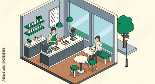 Isometric view of a modern coffee shop interior with barista and customer.