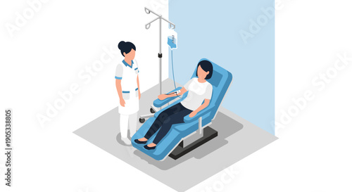 Nurse Administering IV Drip to Patient in Medical Chair.