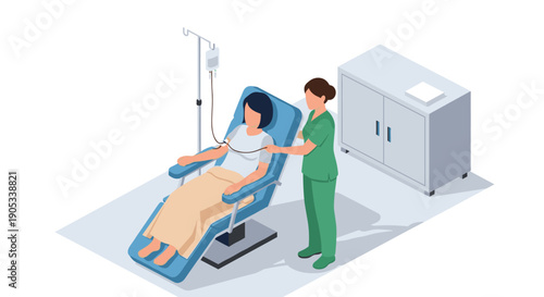 Nurse attending to a patient receiving intravenous therapy in a clinic.