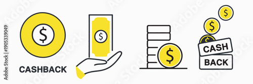 Cashback Line Icon Pack – Money Return, Rebate Rewards, Mobile Payments, Savings & Financial Services Vector